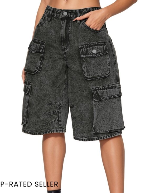 High Waisted Straight Leg Denim Shorts Casual Cargo Pockets Summer Wear